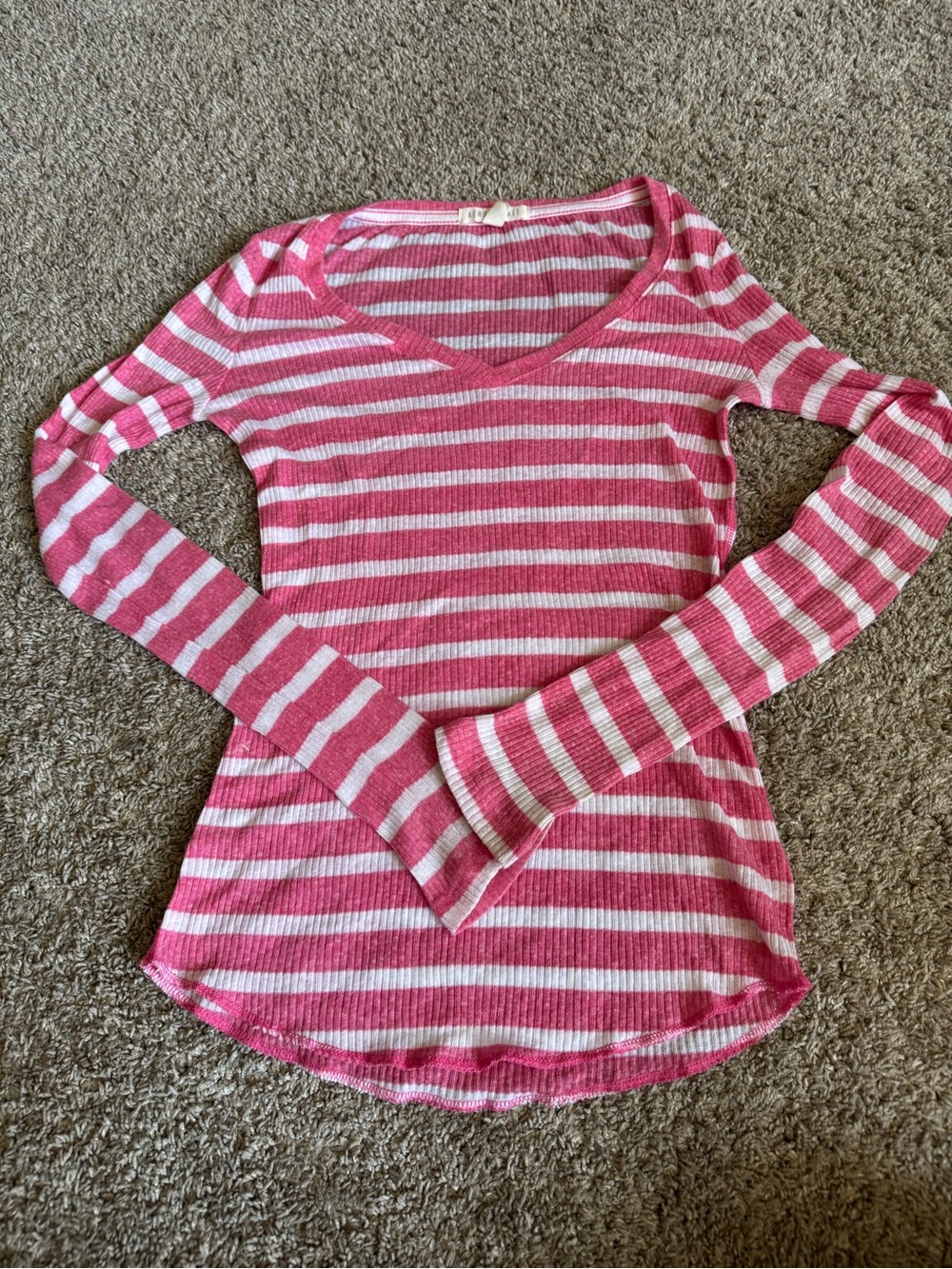 Aeropostale Pink and White Striped V-Neck Long Sleeve Top S juniors